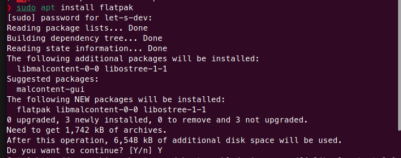 Running sudo apt install flatpak command in terminal