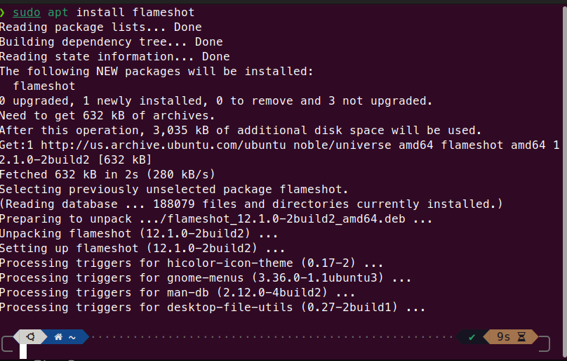Terminal showing sudo apt install flameshot command execution