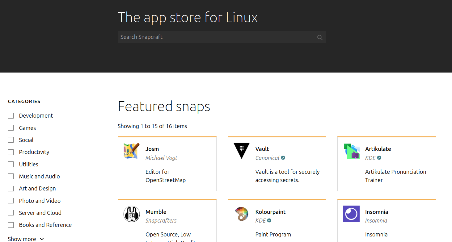 Ubuntu Snap Store application interface