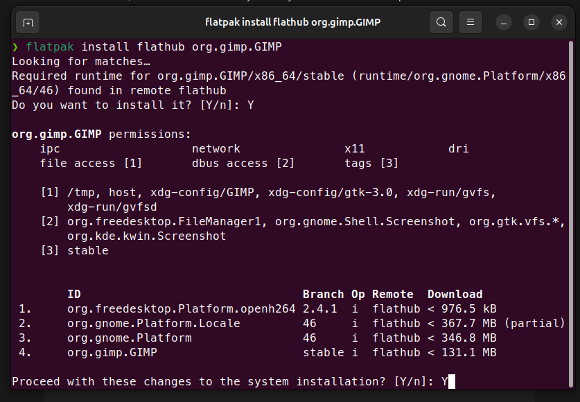 Terminal showing flatpak install flathub org.gimp.GIMP command