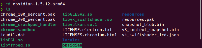 File manager showing extracted Obsidian folder contents
