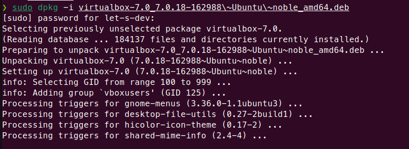 VirtualBox installation completed successfully in terminal