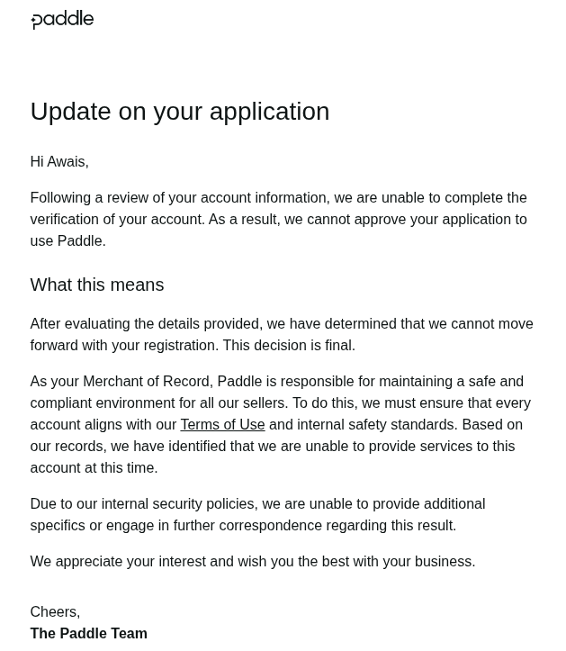 Paddle rejection email